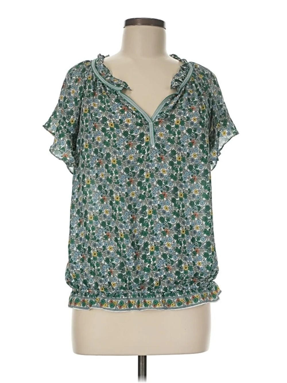 Max Studio Floral Green Ruffled V-Neck Women's Blouse